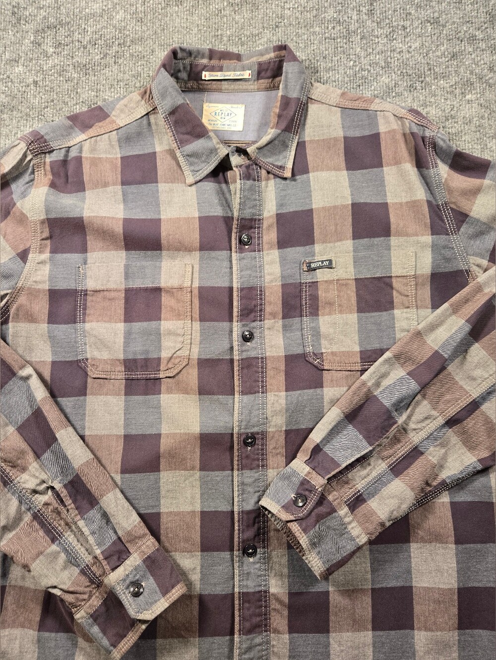 Replay‎ Italian Denim Brand Purple Grey Plaid Double Pocket Button Up Shirt XXL